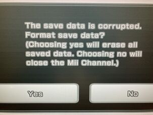 The screen the user gets when Mii data is corrupted.